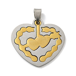 Ion Plating(IP) 304 Stainless Steel Pendants, Heart, Golden & Stainless Steel Color, 33x35x1.5mm, Hole: 9x4mm(STAS-M329-07GP)