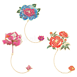 3Pcs 3 Styles Peony Flower Enamel Bookmarks, 304 Stainless Steel Bookmarks, with Iron Long Chain, Mixed Color, 153~164mm, 1pc/style(AJEW-FH0004-51)