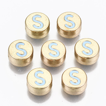 Alloy Enamel Beads, Cadmium Free & Lead Free, Flat Round with Initial Letters, Light Gold, Light Sky Blue, Letter.S, 8x4mm, Hole: 1.5mm
