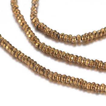 Non-Magnetic Hematite Beads Strands, Faceted, Rondelle, Golden Plated, 2x1mm, Hole: 1mm, about 395pcs/strand, 15.5 inch