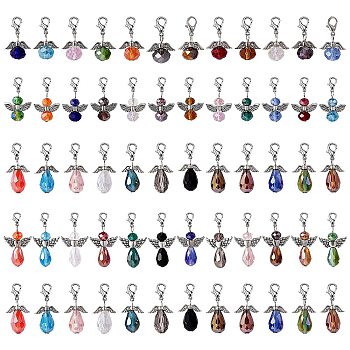 Angel Glass Beads Pendant Decoration, with Iron Flat Head Pins, Alloy Beads and Zinc Alloy Lobster Claw Clasp, Mixed Color, 42mm