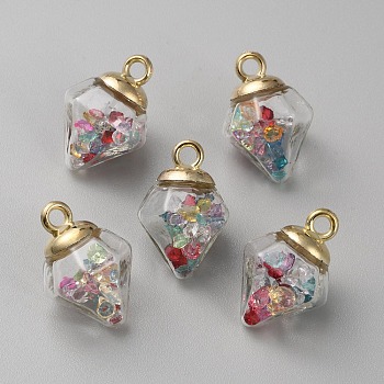 Glass Pendants, with Light Gold Alloy Findings, Diamond Charms, Colorful, 21.5x15.5x14.5mm, Hole: 2.6mm