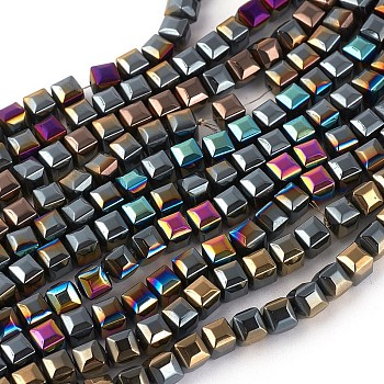 Electroplated Non-magnetic Synthetic Hematite Beads Strands, Faceted, Half Plated, Square, Mixed Color, 6x6x6mm, Hole: 0.8mm, about 71pcs/strand, 16.14 inch(41cm)