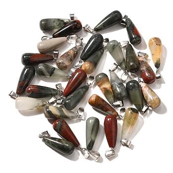 Natural Bloodstone Pendants, with Stainless Steel Snap On Bails, Drop, 28~30x10~12mm, Hole: 6x4mm