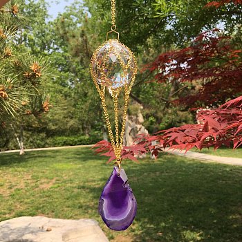 K9 Glass Round Pendant Decorations, Hanging Suncatchers, with Natural Agate Piece, for Home Garden Decorations, Purple, Pendant: 300mm