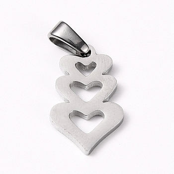 304 Stainless Steel Pendants, Heart with Heart, Stainless Steel Color, 18x11x1.5mm, Hole: 6x3mm