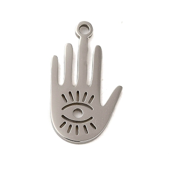 304 Stainless Steel Pendants, Laser Cut, Stainless Steel Color, Palm, 19x10.5x1mm, Hole: 1mm