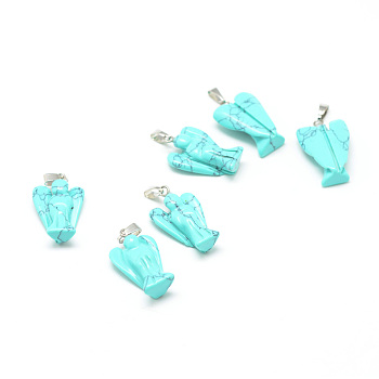 Dyed Synthetic Turquoise Gemstone Pendants, with Platinum Tone Brass Findings, Angel, 22~24x14~15x7mm, Hole: 7x3mm