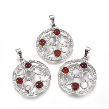 Natural Carnelian/Red Agate Pendants, with Platinum Tone Brass Findings and Crystal Rhinestone, Flat Round, Dyed & Heated, 29x25.5x4.5mm, Hole: 4.5x8mm