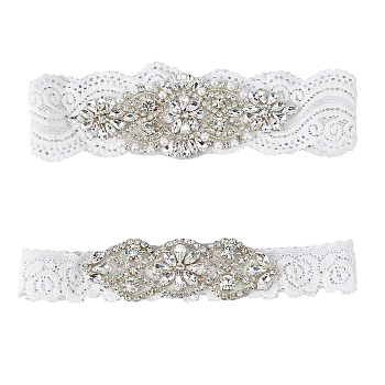 Flower Pattern Polyester Lace Elastic Bridal Garters, with Rhinestone, Wedding Bride Garment Accessories, White, 31~60x170~200x6~7mm