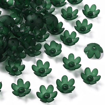 Frosted Acrylic Bead Caps, 6-Petal, Flower, Dark Green, 14x6mm, Hole: 2mm, about 1660pcs/500g