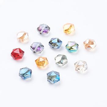Mixed Electroplate Faceted Hexagon Glass Beads, Half Plated, 11x12x7mm, Hole: 1mm