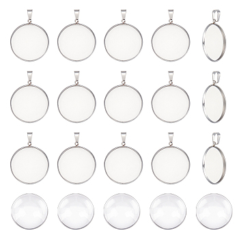 30Pcs 304 Stainless Steel Pendant Cabonchon Settings, Flat Round, with 30Pcs Transparent Glass Cabochons, Stainless Steel Color, Tray: 25mm, 29x26.5x1.5mm, Hole: 9x4mm