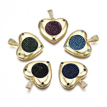 Brass Micro Pave Cubic Zirconia Pendants, Nickel Free, Real 16K Gold Plated, Heart with Zirconia Circle, Mixed Color, 19x21.5x4mm, Hole: 2x5mm