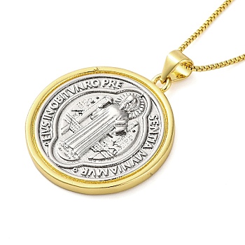 Brass Saint Benedict Medal Pendant Box Chain Necklaces, Platinum, Real 18K Gold Plated, 17.72 inch(45cm)