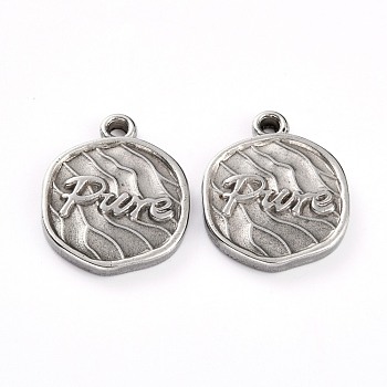 304 Stainless Steel Pendants, Flat Round with Word Pure, Stainless Steel Color, 19x15x2mm, Hole: 2mm