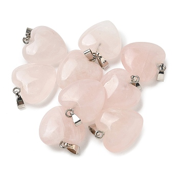 Natural Rose Quartz Pendants, Heart Charms with Platinum Tone Brass Snap on Bails, 20x18x7mm, Hole: 6x2mm