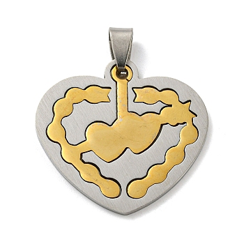 Ion Plating(IP) 304 Stainless Steel Pendants, Heart, Golden & Stainless Steel Color, 33x35x1.5mm, Hole: 9x4mm