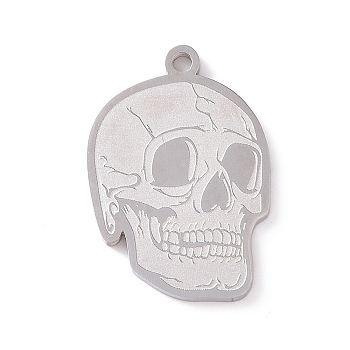 201 Stainless Steel Pendants, Skull Charms, Stainless Steel Color, 25x17x1.5mm, Hole: 1.8mm