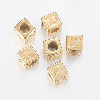 304 Stainless Steel Large Hole Letter European Beads, Horizontal Hole, Cube with Letter.R, Golden, 8x8x8mm, Hole: 5mm