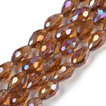 Transparent Electroplate Glass Beads Strands, AB Color Plated, Faceted, Teardrop, Camel, 6x4mm, Hole: 0.9mm, about 65~67pcs/strand, 15.35~16.4''(39~41cm)