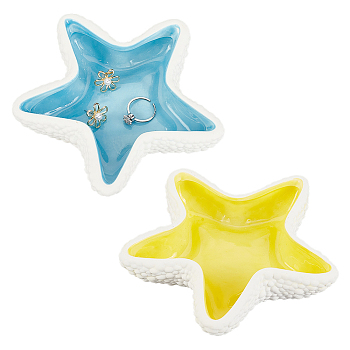 2Pcs 2 Colors Starfish Shape Ceramic Jewelry Plate, Display Tray, Storage Holder, Cosmetics Jewelry Organizer, Mixed Color, 138x141x30mm, 1pc/color