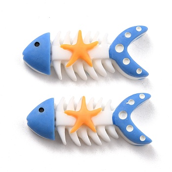 Opaque Resin Cabochons, Ocean Theme, Fishbone with Starfish, White, 14x34.3x6.3mm