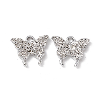 Alloy Rhinestone Pendants, Butterfly Charm, Platinum, Crystal, 15x17x2mm, Hole: 2mm