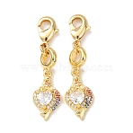 Fish Brass Micro Pave Clear Cubic Zirconia Pendant Decorations, with Lobster Clasp, Rack Plating, Long-Lasting Plated, Cadmium Free & Lead Free, Golden, 38.5mm(KK-T083-01N-G)