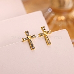 Brass Micro Pave Clear Cubic Zirconia Stud Earrings for Women, Cross with Heart, Golden, 11x8mm(EJEW-K271-06G)