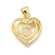 Rack Plating Brass Micro Pave Cubic Zirconia Pendants, Long-Lasting Plated, Lead Free & Cadmium Free,Real 18K Gold Plated, Heart with Letter Charms, Letter C, 17.5x15x2.5mm, Hole: 5x3mm(KK-L226-101G-C)