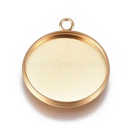 Ion Plating(IP) 304 Stainless Steel Pendant Cabochon Settings, Plain Edge Bezel Cups, Flat Round, Golden, Tray: 16mm, 20.5x17.5x2mm, Hole: 1.8mm(STAS-G127-13-16mm-G)