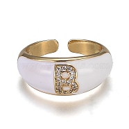 Brass Micro Pave Clear Cubic Zirconia Cuff Rings, Open Rings, with Enamel, Cadmium Free & Lead Free, Golden, Letter.B, US Size 7 1/4, Inner Diameter: 17.6mm(RJEW-H538-03G-B)
