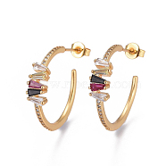 Brass Micro Pave Cubic Zirconia Stud Earrings, Half Hoop Earrings, with Brass Ear Nuts, Colorful, Golden, 22x25x5mm, Pin: 0.7mm(EJEW-F201-09G)