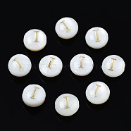 Natural Freshwater Shell Beads, with Golden Plated Brass Etched Metal Embellishments, Flat Round with Letter, Seashell Color, Letter.I, 6x4mm, Hole: 0.8mm(SHEL-S278-036I)