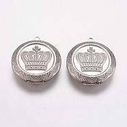 304 Stainless Steel Locket Pendants, Flat Round with Crown, Stainless Steel Color, 31x36x9mm, Hole: 2mm(STAS-K171-20P)