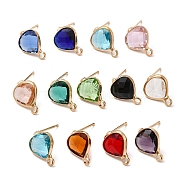 Brass Stud Earring Findings, with Glass and 304 Stainless Steel Pins & Horizontal Loops, Light Glod, Teardrop, Mixed Color, 13x10x5mm, Hole: 1.8mm, Pin: 0.8mm(KK-Q777-27LG)