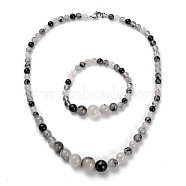 Natural Tourmalinated Quartz Graduated Beaded Necklaces & Stretch Bracelets Jewelry Sets, with Stainless Steel Lobster Claw Clasps, 18-7/8 inch(48cm), 2-1/8 inches(5.5cm)(SJEW-H304-01D)