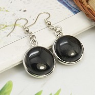 Fashion Natural Black Agate Earrings, with Brass Earring Hooks, Half Round/Dome, 44~45x18~19mm, Pin: 0.6mm(EJEW-E003-10)