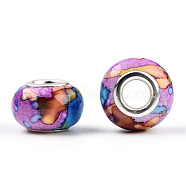 Opaque Resin European Beads, Imitation Crystal, Two-Tone Large Hole Beads, with Silver Tone Brass Double Cores, Rondelle, Medium Orchid, 14x9.5mm, Hole: 5mm(RPDL-T003-09F)
