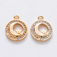 Brass Micro Pave Cubic Zirconia Charms, Nickel Free, Flat Round with Moon and Star, Real 18K Gold Plated, 14x11.5x2.5mm, Hole: 1mm(KK-T049-039G-NF)