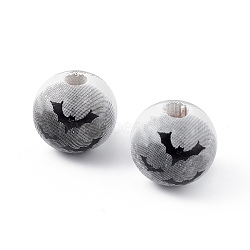 Halloween Printed Natural Wood European Beads, Large Hole Bead, Round, Bat Pattern, 15.2~16x15mm, Hole: 4~4.5mm(WOOD-C014-01A)