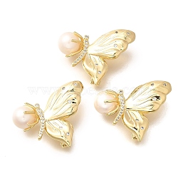 Butterfly Brass Micro Pave Cubic Zirconia Brooches for Women, with Natural Pearl, Real 14K Gold Plated, 27x32mm(JEWB-N001-18G)