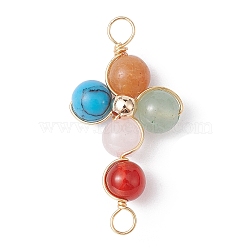 Mixed Gemstone Connector Charms, Eco-Friendly Light Gold Plated Copper Wire Wrapped Cross Links, 34x17x8mm, Hole: 3mm(PALLOY-JF02224-01)