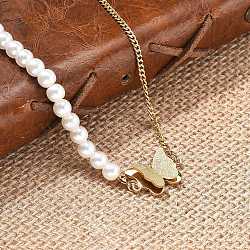 304 Stainless Steel & Plastic Pearl Butterfly Pendant Necklaces, Ion Plating(IP), Golden, 17.56 inch(44.6cm)(NJEW-U023-01G)