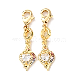 Fish Brass Micro Pave Clear Cubic Zirconia Pendant Decorations, with Lobster Clasp, Rack Plating, Long-Lasting Plated, Cadmium Free & Lead Free, Golden, 38.5mm(KK-T083-01N-G)