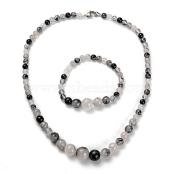 Natural Tourmalinated Quartz Graduated Beaded Necklaces & Stretch Bracelets Jewelry Sets, with Stainless Steel Lobster Claw Clasps, 18-7/8 inch(48cm), 2-1/8 inch(5.5cm)(SJEW-H304-01D)