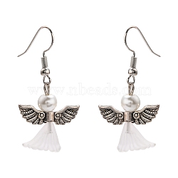 Lovely Wedding Dress Angel Dangle Earrings, with Tibetan Style Beads, Glass Pearl Beads, Transparent Acrylic Beads and Brass Earring Hooks, White, 40mm(X-EJEW-JE00521-09)