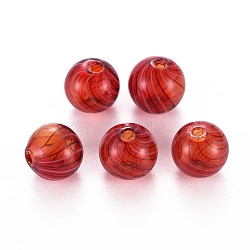 Transparent Handmade Blown Glass Globe Beads, Stripe Pattern, Round, FireBrick, 13.5~14.5mm, Hole: 1~2mm(GLAA-T012-38)