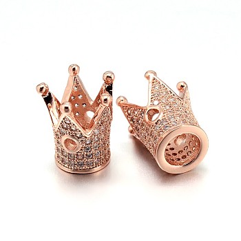 Brass Micro Pave Cubic Zirconia Crown Beads, Lead Free & Cadmium Free & Nickel Free, Clear, Rose Gold, 12.5x12mm, Hole: 1.5mm, Inner Diameter: 5mm